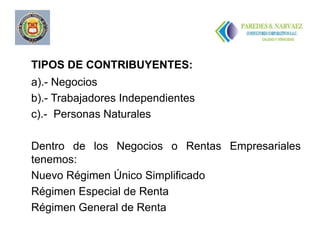 TIPOS DE CONTRIBUYENTES:
a).- Negocios
b).- Trabajadores Independientes
c).- Personas Naturales

Dentro de los Negocios o Rentas Empresariales
tenemos:
Nuevo Régimen Único Simplificado
Régimen Especial de Renta
Régimen General de Renta
 