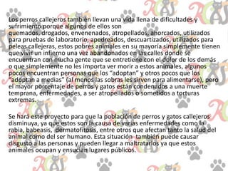 Los perros callejeros también llevan una vida llena de dificultades y
sufrimiento porque algunos de ellos son
quemados, drogados, envenenados, atropellados, ahorcados, utilizados
para pruebas de laboratorio, apedreados, descuartizados, utilizados para
peleas callejeras, estos pobres animales en su mayoría simplemente tienen
que vivir un infierno una vez abandonados en las calles donde se
encuentran con mucha gente que se entretiene con el dolor de los demás
o que simplemente no les importa ver morir a estos animales, algunos
pocos encuentran personas que los “adoptan” y otros pocos que los
“adoptan a medias” (al menos las sobras les sirven para alimentarse), pero
el mayor porcentaje de perros y gatos están condenados a una muerte
temprana, enfermedades, a ser atropellados o sometidos a torturas
extremas.
Se hará este proyecto para que la población de perros y gatos callejeros
disminuya, ya que estos son la causa de varias enfermedades como la
rabia, babeasis, dermatofitosis, entre otros que afectan tanto la salud del
animal como del ser humano. Esta situación también puede causar
disgusto a las personas y pueden llegar a maltratarlos ya que estos
animales ocupan y ensucian lugares públicos.
 