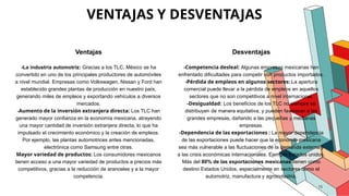 VENTAJAS Y DESVENTAJAS
15
Ventajas
-La industria automotriz: Gracias a los TLC, México se ha
convertido en uno de los principales productores de automóviles
a nivel mundial. Empresas como Volkswagen, Nissan y Ford han
establecido grandes plantas de producción en nuestro país,
generando miles de empleos y exportando vehículos a diversos
mercados.
-Aumento de la inversión extranjera directa: Los TLC han
generado mayor confianza en la economía mexicana, atrayendo
una mayor cantidad de inversión extranjera directa, lo que ha
impulsado el crecimiento económico y la creación de empleos.
Por ejemplo, las plantas automotrices antes mencionadas,
electrónica como Samsung entre otras.
Mayor variedad de productos: Los consumidores mexicanos
tienen acceso a una mayor variedad de productos a precios más
competitivos, gracias a la reducción de aranceles y a la mayor
competencia.
Desventajas
-Competencia desleal: Algunas empresas mexicanas han
enfrentado dificultades para competir con productos importados.
-Pérdida de empleos en algunos sectores: La apertura
comercial puede llevar a la pérdida de empleos en aquellos
sectores que no son competitivos a nivel internacional.
-Desigualdad: Los beneficios de los TLC no siempre se
distribuyen de manera equitativa, y pueden favorecer a las
grandes empresas, dañando a las pequeñas y medianas
empresas.
-Dependencia de las exportaciones : La mayor dependencia
de las exportaciones puede hacer que la economía mexicana
sea más vulnerable a las fluctuaciones de la demanda externa y
a las crisis económicas internacionales. Ejemplo Estados unidos.
Más del 80% de las exportaciones mexicanas tienen como
destino Estados Unidos, especialmente en sectores como el
automotriz, manufactura y agroindustria.
 
