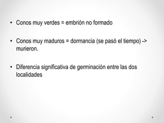• Conos muy verdes = embrión no formado
• Conos muy maduros = dormancia (se pasó el tiempo) ->
murieron.
• Diferencia significativa de germinación entre las dos
localidades
 