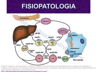 Watts G, Juniper A, van Bockxmeer F, O'Leary P, Ademi Z, Liew D. Familial hypercholesterolaemia: A review with emphasis on
evidence for treatment, new models of care and health economic evaluations. International Journal Of Evidence-Based Healthcare
[serial online]. September 1, 2012;10(3):211-221.
http://themedicalbiochemistrypage.org/es/lipoproteins-sp.php
 