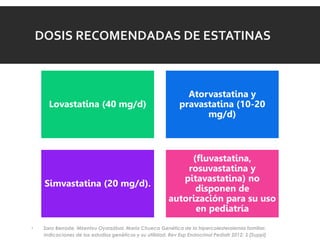 DOSIS RECOMENDADAS DE ESTATINAS
Lovastatina (40 mg/d)
Atorvastatina y
pravastatina (10-20
mg/d)
Simvastatina (20 mg/d).
(fluvastatina,
rosuvastatina y
pitavastatina) no
disponen de
autorización para su uso
en pediatría
• Sara Berrade, Mirentxu Oyarzábal, María Chueca Genética de la hipercolesterolemia familiar.
Indicaciones de los estudios genéticos y su utilidad. Rev Esp Endocrinol Pediatr 2012; 3 (Suppl)
 