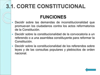 3.1. CORTE CONSTITUCIONAL
FUNCIONES
 Decidir sobre las demandas de inconstitucionalidad que
promuevan los ciudadanos contra los actos reformatorios
de la Constitución.
 Decidir sobre la constitucionalidad de la convocatoria a un
referendo o a una asamblea constituyente para reformar la
Constitución.
 Decidir sobre la constitucionalidad de los referendos sobre
leyes y de las consultas populares y plebiscitos de orden
nacional.
 