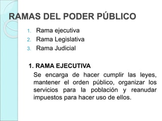 RAMAS DEL PODER PÚBLICO
1. Rama ejecutiva
2. Rama Legislativa
3. Rama Judicial
1. RAMA EJECUTIVA
Se encarga de hacer cumplir las leyes,
mantener el orden público, organizar los
servicios para la población y reanudar
impuestos para hacer uso de ellos.
 