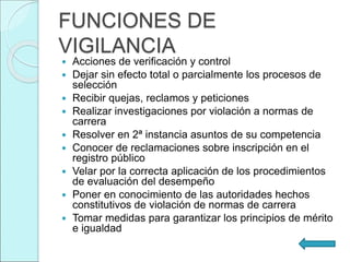 FUNCIONES DE
VIGILANCIA
 Acciones de verificación y control
 Dejar sin efecto total o parcialmente los procesos de
selección
 Recibir quejas, reclamos y peticiones
 Realizar investigaciones por violación a normas de
carrera
 Resolver en 2ª instancia asuntos de su competencia
 Conocer de reclamaciones sobre inscripción en el
registro público
 Velar por la correcta aplicación de los procedimientos
de evaluación del desempeño
 Poner en conocimiento de las autoridades hechos
constitutivos de violación de normas de carrera
 Tomar medidas para garantizar los principios de mérito
e igualdad
 