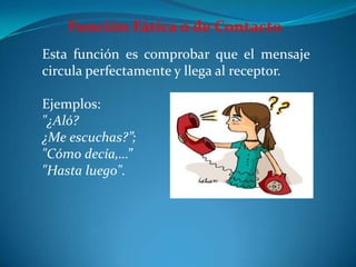 Función Fática o de Contacto
Esta función es comprobar que el mensaje
circula perfectamente y llega al receptor.
Ejemplos:
"¿Aló?
¿Me escuchas?”;
"Cómo decía,…”
"Hasta luego".
 