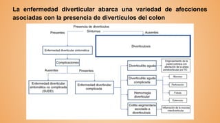 La enfermedad diverticular abarca una variedad de afecciones
asociadas con la presencia de divertículos del colon
 