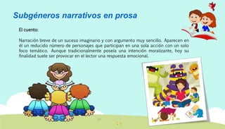 Subgéneros narrativos en prosa
El cuento:
Narración breve de un suceso imaginario y con argumento muy sencillo. Aparecen en
él un reducido número de personajes que participan en una sola acción con un solo
foco temático. Aunque tradicionalmente poseía una intención moralizante, hoy su
finalidad suele ser provocar en el lector una respuesta emocional.
 