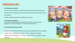 PERSONAJES
a) Personajes principales:
Son los de mayor influencia en el desarrollo de la historia; aparecen desde el
comienzo hasta el desenlace o final. La narración carecería de sentido sin ellos.
Por ejemplo:
Potrillo y Ruibarbo. Muchas veces figuran en el título.
b) Personaje secundarios:
Su actuación está limitada por el personaje principal; suelen aparecer y
desaparecer Raramente figuran a lo largo de toda la historia.
Caracterización de los personajes:
Es la presentación que el narrador hace de sus personajes; es decir, es describir,
retratar. Esta caracterización puede se “Física” si destacan los rasgos
exteriores de un personaje o “ Sicológica” si da a conocer su aspecto moral o
espiritual
 