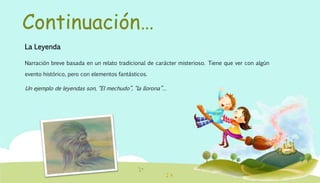 Continuación…
La Leyenda
Narración breve basada en un relato tradicional de carácter misterioso. Tiene que ver con algún
evento histórico, pero con elementos fantásticos.
Un ejemplo de leyendas son, “El mechudo”, “la llorona”…
 