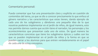 Comentario personal:
Puedo comentar que fue una presentación clara y explícita en cuestión de
contenidos del tema, ya que se dio a conocer precisamente lo que enfoca al
género narrativo y las características que estas tienen, dando ejemplo de
cada uno de los subgéneros y dándonos una pequeña idea de lo que
nosotras podemos implementar en el jardín de niños, de igual manera, esto
nos permite darnos cuenta que acción tiene el narrador, los personajes y los
acontecimientos que presentan cada uno de estos. De igual manera las
características concretas que tiene los subgéneros épicos y cuáles son los
que se pueden implementar en el jardín de niños y la forma en que se
pueden narrar a los alumnos para que entren verdaderamente en el papel
de cada uno de estos conceptos.
 