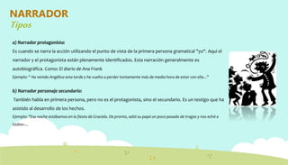 NARRADOR
Tipos
a) Narrador protagonista:
Es cuando se narra la acción utilizando el punto de vista de la primera persona gramatical "yo". Aquí el
narrador y el protagonista están plenamente identificados. Esta narración generalmente es
autobiográfica. Como: El diario de Ana Frank
Ejemplo: “ Ha venido Angélica esta tarde y he vuelto a perder tontamente más de media hora de estar con ella...”
b) Narrador personaje secundario:
También habla en primera persona, pero no es el protagonista, sino el secundario. Es un testigo que ha
asistido al desarrollo de los hechos.
Ejemplo: "Esa noche estábamos en la fiesta de Graciela. De pronto, salió su papá un poco pasado de tragos y nos echó a
todos«…
 