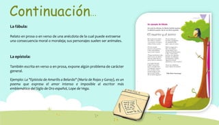 Continuación…
La fábula:
Relato en prosa o en verso de una anécdota de la cual puede extraerse
una consecuencia moral o moraleja; sus personajes suelen ser animales.
La epístola:
También escrita en verso o en prosa, expone algún problema de carácter
general.
Ejemplo: La "Epístola de Amarilis a Belardo" (María de Rojas y Garay), es un
poema que expresa el amor intenso e imposible al escritor más
emblemático del Siglo de Oro español, Lope de Vega.
 