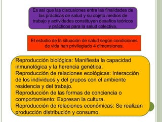 Es así que las discusiones entre las finalidades de
las prácticas de salud y su objeto medios de
trabajo y actividades constituyen desafíos teóricos
y prácticos para la salud colectiva.
El estudio de la situación de salud según condiciones
de vida han privilegiado 4 dimensiones.
Reproducción biológica: Manifiesta la capacidad
inmunológica y la herencia genética.
Reproducción de relaciones ecológicas: Interacción
de los individuos y del grupos con el ambiente
residencia y del trabajo.
Reproducción de las formas de conciencia o
comportamiento: Expresan la cultura.
Reproducción de relaciones económicas: Se realizan
producción distribución y consumo.
 