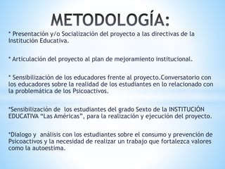 * Presentación y/o Socialización del proyecto a las directivas de la
Institución Educativa.
* Articulación del proyecto al plan de mejoramiento institucional.
* Sensibilización de los educadores frente al proyecto.Conversatorio con
los educadores sobre la realidad de los estudiantes en lo relacionado con
la problemática de los Psicoactivos.
*Sensibilización de los estudiantes del grado Sexto de la INSTITUCIÓN
EDUCATIVA “Las Américas”, para la realización y ejecución del proyecto.
*Dialogo y análisis con los estudiantes sobre el consumo y prevención de
Psicoactivos y la necesidad de realizar un trabajo que fortalezca valores
como la autoestima.
 