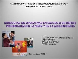 CENTRO DE INVESTIGACIONES PSICOLÓGICAS, PSIQUIÁTRICAS Y
SEXOLÓGICAS DE VENEZUELA
FACILITADORA: MSc. Marianela Molina
MAESTRANTES:
CAMACHO, ZORAIMA
PRATO, MÓNICA
Barinas, junio 2013
 