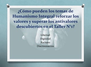 ¿Cómo pueden los temas de
Humanismo Integral reforzar los
valores y superar los antivalores
descubiertos en el Taller N°1?
Libertad
Dignidad
Racismo
Discriminación
 