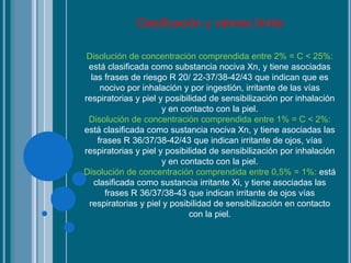 Clasificación y valores límite
Disolución de concentración comprendida entre 2% = C < 25%:
está clasificada como substancia nociva Xn, y tiene asociadas
las frases de riesgo R 20/ 22-37/38-42/43 que indican que es
nocivo por inhalación y por ingestión, irritante de las vías
respiratorias y piel y posibilidad de sensibilización por inhalación
y en contacto con la piel.
Disolución de concentración comprendida entre 1% = C < 2%:
está clasificada como sustancia nociva Xn, y tiene asociadas las
frases R 36/37/38-42/43 que indican irritante de ojos, vías
respiratorias y piel y posibilidad de sensibilización por inhalación
y en contacto con la piel.
Disolución de concentración comprendida entre 0,5% = 1%: está
clasificada como sustancia irritante Xi, y tiene asociadas las
frases R 36/37/38-43 que indican irritante de ojos vías
respiratorias y piel y posibilidad de sensibilización en contacto
con la piel.
 