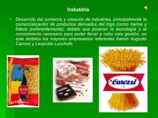 Industria Desarrollo del comercio y creación de industrias, principalmente la comercialización de productos derivados del trigo (como harina y fideos preferentemente), debido que poseían la tecnología y el conocimiento necesario para poder llevar a cabo esta gestión, en este ámbitos los mayores empresarios referentes fueron Augusto Carozzi y Leopoldo Lucchetti. 