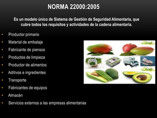 NORMA 22000:2005 
Es un modelo único de Sistema de Gestión de Seguridad Alimentaria, que 
cubre todos los requisitos y actividades de la cadena alimentaria. 
• Productor primario 
• Material de embalaje 
• Fabricante de piensos 
• Productos de limpieza 
• Productor de alimentos 
• Aditivos e ingredientes 
• Transporte 
• Fabricantes de equipos 
• Almacén 
• Servicios externos a las empresas alimentarias 
 
