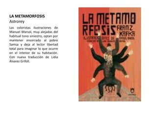 LA METAMORFOSIS
Astrorey
Las coloristas ilustraciones de
Manuel Marsol, muy alejadas del
habitual tono siniestro, optan por
mantener encerrado al pobre
Samsa y deja al lector libertad
total para imaginar lo que ocurre
en el interior de su habitación.
Con nueva traducción de Lidia
Álvarez Grifoll.
 
