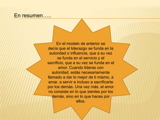En resumen…..




                 En el modelo de anterior se
           decía que el liderazgo se funda en la
            autoridad o influencia, que a su vez
            se funda en el servicio y el sacrificio,
             que a su vez se funda en el amor.
            Cuando lideras con autoridad, estás
              necesariamente llamado a dar lo
            mejor de ti mismo, a amar, a servir e
            incluso a sacrificarte por los demás.
           Una vez más, el amor no consiste en
           lo que sientes por los demás, sino en
                   lo que haces por ellos.
 