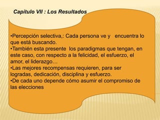 Capítulo VII : Los Resultados



•Percepción selectiva,: Cada persona ve y encuentra lo
que está buscando.
•También esta presente los paradigmas que tengan, en
este caso, con respecto a la felicidad, el esfuerzo, el
amor, el liderazgo…
•Las mejores recompensas requieren, para ser
logradas, dedicación, disciplina y esfuerzo.
•De cada uno depende cómo asumir el compromiso de
las elecciones
 