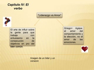 Capítulo IV: El
   verbo

                              “Liderazgo vs Amor”



                                                    Griego= Agápe:
  El arte de influir sobre
                                                    el    amor     del
  la gente para que
                                                    comportamiento y
  trabaje              con
                                                    la elección, no el
  entusiasmo      en     la
                                                    amor     de    las
  consecución           de
                                                    emociones.
  objetivos en pro del
  bien común.



                      Imagen de un lider y un
                      corazon
 