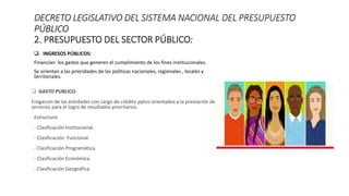  INGRESOS PÚBLICOS:
Financian los gastos que generen el cumplimiento de los fines institucionales.
Se orientan a las prioridades de las políticas nacionales, regionales , locales y
territoriales.
DECRETO LEGISLATIVO DEL SISTEMA NACIONAL DEL PRESUPUESTO
PÚBLICO
2. PRESUPUESTO DEL SECTOR PÚBLICO:
 GASTO PUBLICO:
Erogacion de las entidades con cargo de crédito pptos orientados a la prestación de
servicios para el logro de resultados prioritarios.
Estructura:
- Clasificación Institucional.
- Clasificación Funcional.
- Clasificación Programática.
- Clasificación Económica.
- Clasificación Geográfica.
 