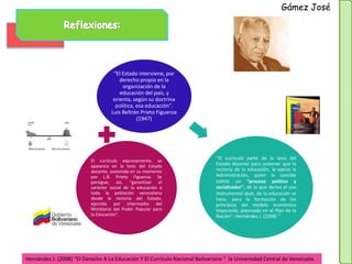 Hernández J. (2008) “El Derecho A La Educación Y El Currículo Nacional Bolivariano “ la Universidad Central de Venezuela.
El currículo expresamente, se
apalanca en la tesis del Estado
docente, sostenida en su momento
por L.B. Prieto Figueroa. Se
persigue, así, “garantizar el
carácter social de la educación a
toda la población venezolana
desde la rectoría del Estado,
ejercida por intermedio del
Ministerio del Poder Popular para
la Educación”.
"El Estado interviene, por
derecho propio en la
organización de la
educación del país, y
orienta, según su doctrina
política, esa educación".
Luis Beltrán Prieto Figueroa
(1947)
“El currículo parte de la tesis del
Estado docente para sostener que la
rectoría de la educación, la ejerce la
Administración, quien la concibe
como un “proceso político y
socializador”, de lo que deriva el uso
instrumental que, de la educación se
hace, para la formación de los
principios del modelo económico
imperante, plasmado en el Plan de la
Nación”. Hernández J. (2008) “
Gámez José
 