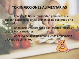 TOXIINFECCIONES ALIMENTARIAS
- El polvo y la tierra transportan gérmenes que
pueden depositarse en los alimentos no cubiertos o no
envasados.
- Por animales y sobre todo por insectos (moscas y
cucarachas) y roedores.
- Por el uso de agua no potable en la preparación
o lavado de alimentos
 