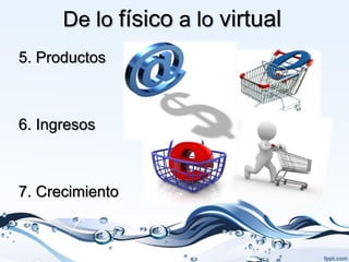 De lo físico a lo virtual
5. Productos



6. Ingresos



7. Crecimiento
 