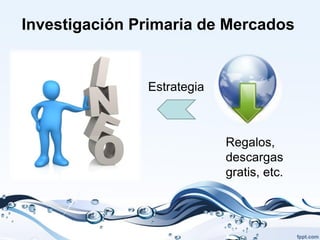 Investigación Primaria de Mercados


               Estrategia



                            Regalos,
                            descargas
                            gratis, etc.
 