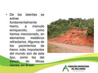 • De las lateritas se
  extrae
  fundamentalmente
  hierro,    a     menudo
  enriquecido,       como
  hemos mencionado, en
  elementos       metálicos
  refractarios. Algunos de
  los yacimientos de
  hierro más importantes
  del mundo son de este
  tipo, como los del
  estado      de     Minas
  Gerais, en Brasil.
 