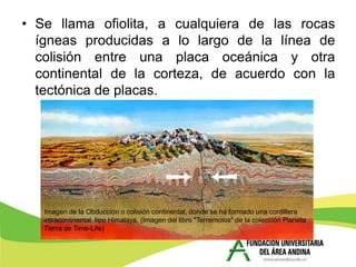 • Se llama ofiolita, a cualquiera de las rocas
  ígneas producidas a lo largo de la línea de
  colisión entre una placa oceánica y otra
  continental de la corteza, de acuerdo con la
  tectónica de placas.




   Imagen de la Obducción o colisión continental, donde se ha formado una cordillera
   intracontinental, tipo Himalaya. (Imagen del libro "Terremotos" de la colección Planeta
   Tierra de Time-Life)
 