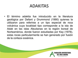 ADAKITAS

• El término adakita fue introducido en la literatura
  geológica por Defant y Drummond (1990) quienes la
  utilizaron para referirse a un tipo especial de roca
  volcánica cuya localidad tipo corresponde a la isla de
  Adak en las islas Aleutianas en la región boreal de
  Norteamérica, donde fueron estudiadas por Kay (1978),
  estas rocas particularmente se han generado por fusión
  de la corteza oceánica.
 