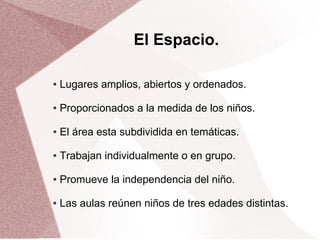 El Espacio.

●   Lugares amplios, abiertos y ordenados.

●   Proporcionados a la medida de los niños.

●   El área esta subdividida en temáticas.

●   Trabajan individualmente o en grupo.

●   Promueve la independencia del niño.

●   Las aulas reúnen niños de tres edades distintas.
 