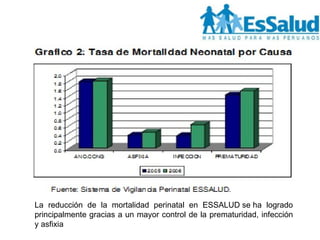 La reducción de la mortalidad perinatal en ESSALUD se ha logrado principalmente gracias a un mayor control de la prematuridad, infección y asfixia 