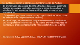 Tres puntos nos llaman la atención en la interpretación de Wertsch: 
• En primer lugar, el progreso del niño a través de la zona de desarrollo 
próximo se consigue haciéndole comportarse como si entendiera la 
significación y el alcance de lo que está haciendo, aunque no sea 
realmente así; 
• En segundo lugar, la madre estructura y organiza la situación en la que 
se insertan estos comportamientos del niño; 
• En tercer lugar, para que el niño progrese debe construir por sí mismo 
una interpretación coherente de las relaciones entre las directrices de 
la madre, su propio comportamiento y las características de la tarea 
• Integrantes: PABLO CEBALLOS SALAS ROSA CINTHIA ESPINO GONZALES 
 
