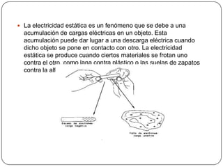  La electricidad estática es un fenómeno que se debe a una
  acumulación de cargas eléctricas en un objeto. Esta
  acumulación puede dar lugar a una descarga eléctrica cuando
  dicho objeto se pone en contacto con otro. La electricidad
  estática se produce cuando ciertos materiales se frotan uno
  contra el otro, como lana contra plástico o las suelas de zapatos
  contra la alfombra.
 