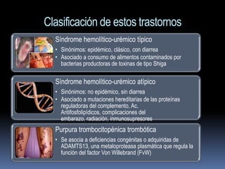 Clasificación de estos trastornos
  Síndrome hemolítico-urémico típico
  • Sinónimos: epidémico, clásico, con diarrea
  • Asociado a consumo de alimentos contaminados por
    bacterias productoras de toxinas de tipo Shiga

  Síndrome hemolítico-urémico atípico
  • Sinónimos: no epidémico, sin diarrea
  • Asociado a mutaciones hereditarias de las proteínas
    reguladoras del complemento, Ac.
    Antifosfolipídicos, complicaciones del
    embarazo, radiación, inmunosupresores
  Purpura trombocitopénica trombótica
  •
  • Se asocia a deficiencias congénitas o adquiridas de
    ADAMTS13, una metaloproteasa plasmática que regula la
    función del factor Von Willebrand (FvW)
 