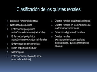 Clasificación de los quistes renales
o Displasia renal multiquística             o Quistes renales localizados (simples)
o Nefropatía poliquística                   o Quistes renales en los síndromes de
1.   Enfermedad poliquística                   malformación hereditaria
     autosómica dominante (del adulto)      o Enfermedad glomeruloquística
2.   Enfermedad poliquística                o Quistes renales
     autosómica recesiva (de la infancia)      extraparenquimatosos (quistes
o    Enfermedad quística medular               pielocaliciales, quistes linfangíticos
                                               hiliares)
1.   Riñón esponjoso medular
2.   Nefronoptisis
o    Enfermedad quística adquirida
     (asociada a diálisis)
 