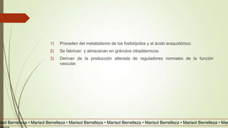 1) Proceden del metabolismo de los fosfolípidos y el ácido araquidónico.
2) Se fabrican y almacenan en gránulos citoplásmicos.
3) Derivan de la producción alterada de reguladores normales de la función
vascular.
risol Berrelleza • Marisol Berrelleza • Marisol Berrelleza • Marisol Berrelleza • Marisol Berrelleza • Marisol Berrelleza • Mar
 