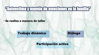 • Se realiza a manera de taller
Participación activa
Trabajo dinámico Diálogo
 