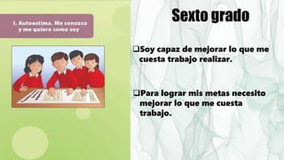 Para lograr mis metas necesito
mejorar lo que me cuesta
trabajo.
Sexto grado
Soy capaz de mejorar lo que me
cuesta trabajo realizar.
 