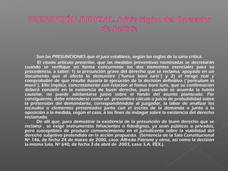 Son las PRESUNCIONES que el juez establece, según las reglas de la sana crítica.
El citado artículo prescribe, que las medidas preventivas nominadas se decretarán
cuando se verifique en forma concurrente los dos elementos esenciales para su
procedencia, a saber: 1) la presunción grave del derecho que se reclama, apoyado en un
documento que al efecto lo demuestre (“fumus boni iuris”) y 2) el riesgo real y
comprobable de que resulte ilusoria la ejecución de la decisión definitiva (“periculum in
mora”). Ello implica, concretamente con relación al fomus boni iuris, que su confirmación
deberá consistir en la existencia de buen derecho, pues cuando se acuerda la tutela
cautelar, no puede adelantarse juicio sobre el fondo del asunto planteado. Por
consiguiente, debe entenderse como un  preventivo cálculo o juicio de probabilidad sobre
la pretensión del demandante, correspondiéndole al juzgador, la labor de analizar los
recaudos o elementos presentados junto con el escrito de la demanda o junto a la
oposición a la medida, según el caso, a los fines de indagar sobre la existencia del derecho
reclamado.
De allí que, para demostrar la existencia de la presunción de buen derecho que se
reclama , se exige instrumentos fehacientes o fidedignos, ya sean públicos o privados,
pero susceptibles de producir convencimiento en el jurisdicente sobre la viabilidad del
derecho subjetivo pretendido en la acción propuesta.  (Sentencia de la Sala Constitucional
Nº 146, de fecha 24 de marzo de 2000, caso: Alfredo Patrone y otros, así como la decisión
la misma Sala, Nº 640, de fecha 3 de abril de  2003, caso: S.A. REX.).
 