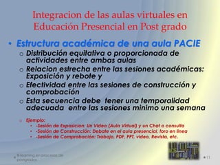 Integracion de las aulas virtuales en
         Educación Presencial en Post grado
• Estructura académica de una aula PACIE
  o Distribución equitativa o proporcionada de
    actividades entre ambas aulas
  o Relacion estrecha entre las sesiones académicas:
    Exposición y rebote y
  o Efectividad entre las sesiones de construcción y
    comprobación
  o Esta secuencia debe tener una temporalidad
    adecuada entre las sesiones minimo una semana
  o Ejemplo:
      • -Sesión de Exposicion: Un Video (Aula Virtual) y un Chat o consulta
      • -Sesión de Construcción: Debate en el aula presencial, foro en linea
      • -Sesión de Comprobación: Trabajo, PDF, PPT, video, Revista, etc.


 B-learning en procesos de
                                                                               11
 postgrados
 