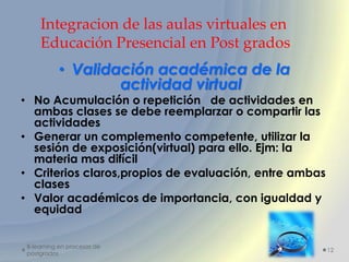 Integracion de las aulas virtuales en
     Educación Presencial en Post grados
           • Validación académica de la
                   actividad virtual
• No Acumulación o repetición de actividades en
  ambas clases se debe reemplarzar o compartir las
  actividades
• Generar un complemento competente, utilizar la
  sesión de exposición(virtual) para ello. Ejm: la
  materia mas difícil
• Criterios claros,propios de evaluación, entre ambas
  clases
• Valor académicos de importancia, con igualdad y
  equidad


 B-learning en procesos de
                                                        12
 postgrados
 