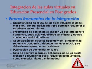 Integracion de las aulas virtuales en
    Educación Presencial en Post grados
• Errores frecuentes de la integración
   o Obligatoriedad en el uso de las aulas virtuales: se debe,
     mas bien, generar actividades que permitan recuperar al
     estudiante en las mismas
   o Uniformidad de contenidos e imagen ya que esto genera
     cansancio, cada aula virtual debe ser original y acorde
     con la personalidad del tutor
   o Acumulación del esfuerzo docente y del estudiante, la
     secuencia academica debe permanecer intacta y se
     debe de reemplazr por una existente.
   o Duplicacion de contenidos en la red
   o Falta de apertura a casos si aplicables, no se les presta
     atención a situaciones que si requieren aulas virtuales,
     como ejemplos: viajes o enfermedad

B-learning en procesos de
                                                                 13
postgrados
 
