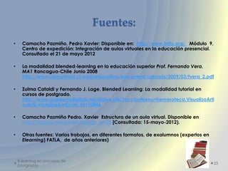 Fuentes:
•     Camacho Pazmiño, Pedro Xavier: Disponible en: http://www.fatla.org/ Módulo 9,
      Centro de expedición: Integración de aulas virtuales en la educación presencial.
      Consultado el 21 de mayo 2012

•     La modalidad blended-learning en la educación superior Prof. Fernando Vera,
      MA1 Rancagua-Chile Junio 2008
      http://www.utemvirtual.cl/nodoeducativo/wpcontent/uploads/2009/03/fvera_2.pdf

•     Zulma Cataldi y Fernando J. Lage. Blended Learning: La modalidad tutorial en
      cursos de postgrado.
      http://www.quadernsdigitals.net/index.php?accionMenu=hemeroteca.VisualizaArti
      culoIU.visualiza&articulo_id=10846

•     Camacho Pazmiño Pedro. Xavier Estructura de un aula virtual. Disponible en:
      http://vgcorp.net/pedro/?page_id=26 [Consultada: 15-mayo-2012).

•     Otras fuentes: Varios trabajos, en diferentes formatos, de exalumnos (expertos en
      Elearning) FATLA, de años anteriores)



    B-learning en procesos de
                                                                                          23
    postgrados
 